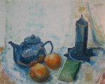 Teekanne mit Apfelsinnen - Öl auf Malmappe - 40x50 cm