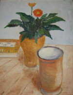 Becher und Blume - Öl auf Malmappe - 40x50 cm