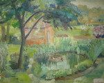 Gartenidyll mit Teich - Öl auf Malmappe -  40x50 cm